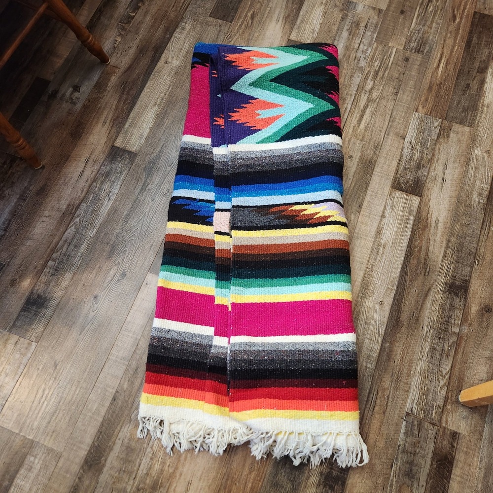 Mexican Serape Blanket Multi Color Striped Fringed Woven Throw 88x61 Southwest
